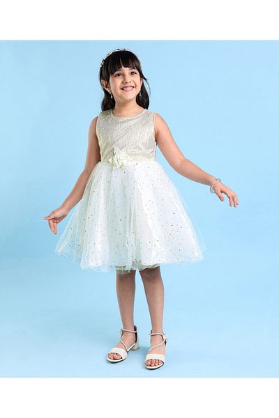 Babyhug Sleeveless Sequin Embellished Woven Party Dress with Floral Corsage - Gold & Off-White