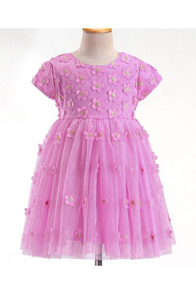 Babyhug Babyhug Woven Half Sleeves Party Frock with Floral Applique - Lavender