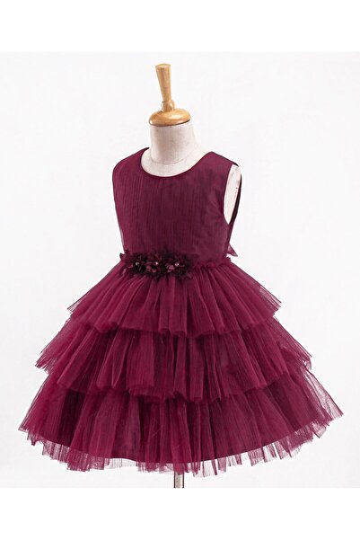 Babyhug Sleeveless Party Wear Layered Frock With Net Detailing & Floral Corsage- Maroon