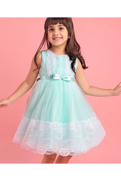 Babyhug Sleeveless Party Wear Lace Frock with Bow - Mint