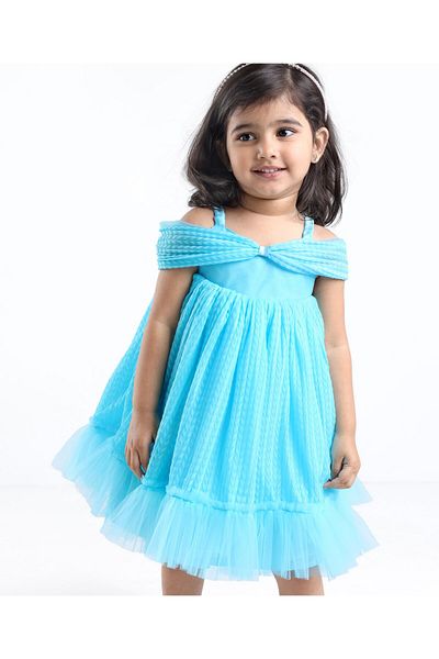 Babyhug Babyhug Sleeveless Pleated Mesh a Line Party Dress - Sky Blue