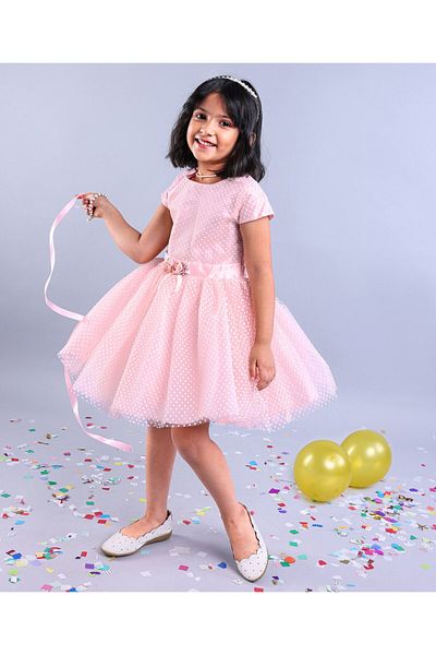 Babyhug Party Wear Cap Sleeves Frock Floral Appliques - Light Pink
