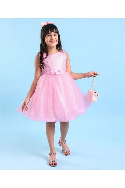Babyhug Woven Sleeveless Sequinned Party Frock with Floral Corsage - Pink