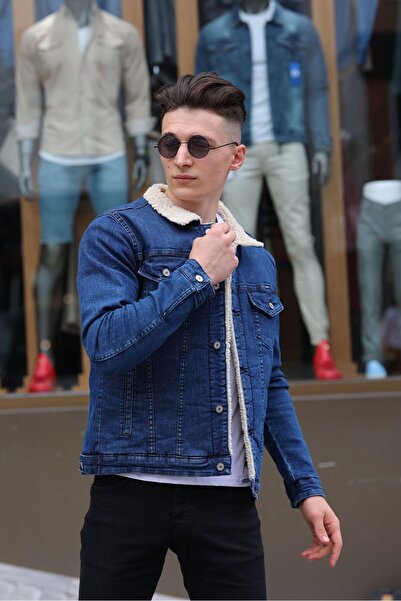 WKM Ανδρικό μαύρο τζιν μπουφάν με λευκή γούνα εσωτερικά