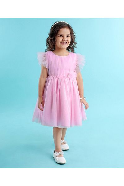 Babyhug Flutter Sleeves Solid Color Party Frock With Floral Corsage - Pink