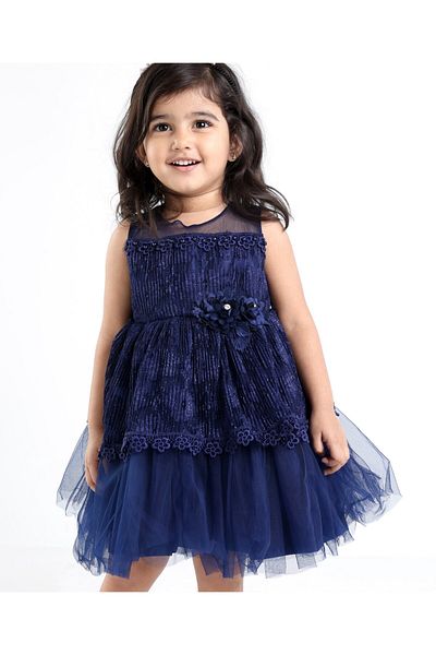Babyhug Babyhug Sleeveless Party Frock With Floral Applique - Navy Blue