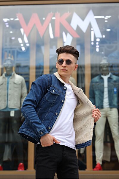 WKM Ανδρικό μαύρο τζιν μπουφάν με λευκή γούνα εσωτερικά