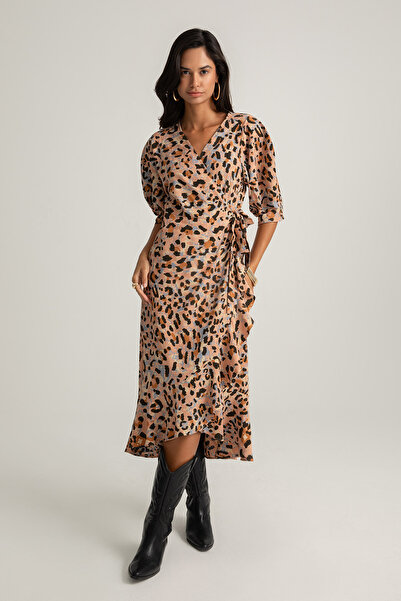 boneqa barcelona Kruvaze Yaka Detaylı Leopar Desenli Elbise