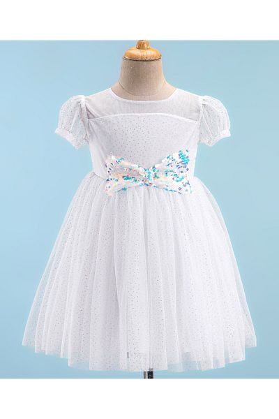 Babyhug Babyhug Woven Half Sleeves Glittery Mesh Party Frock With Sequin Bow - White