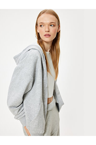 Koton سويت شيرت بغطاء للرأس بسحاب كبير الحجم - جيب مفصل ومضلع