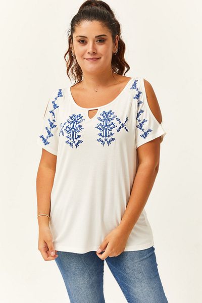 Ebsumu Women's Plus Size Off-the-Shoulder Embroidered White Blouse