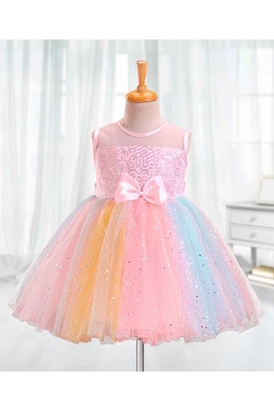 Babyhug Sleeveless Sequinned Party Frock With Bow - Multicolor