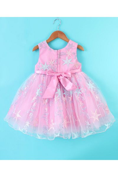 Babyhug Sleeveless Party Frock With Star Embroidered & Floral Applique - Pink