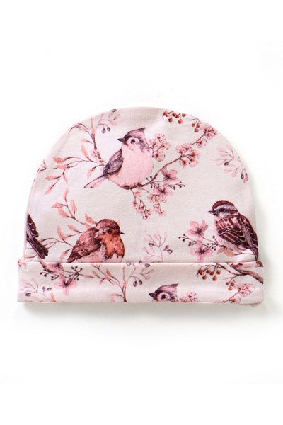 Bonfino Cotton Cap Mittens & Booties Set Bird Print Pink - Diameter 11.5 cm