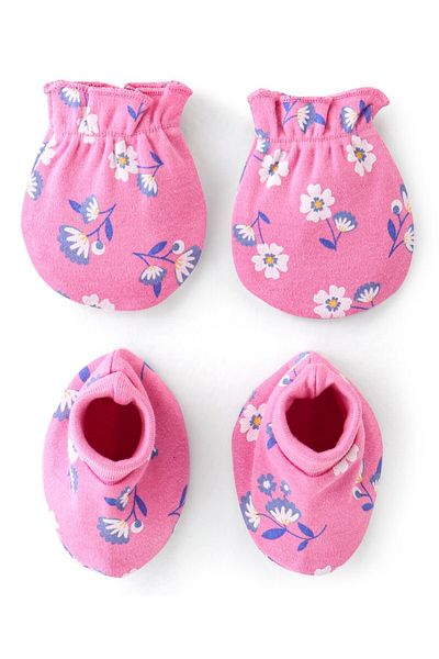 Babyhug Babyhug 100% Cotton Knit Floral Printed Mittens & Booties - Pink