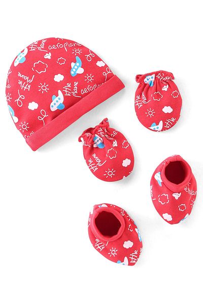 Babyhug 100% Cotton Knit Cap Mittens & Booties With Aircraft Print Pink - Diameter 11 cm