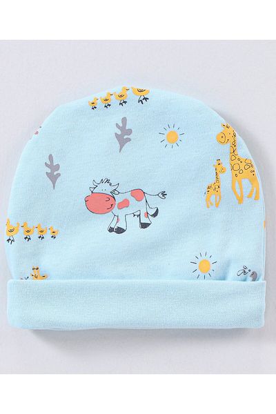 Bonfino Cotton Cap Mittens & Booties Set Wild Animals Print Blue - Diameter 12.5 cm