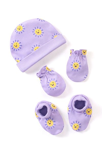 Babyhug طقم قبعات وقفازات وحذاء قصير من القطن بنسبة 100% بطبعة مشمسة باللون الأرجواني - القطر 10.5 سم