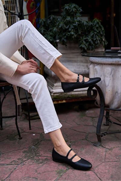 Madamra Black Women's Double Belted Ballerinas