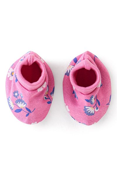 Babyhug Babyhug 100% Cotton Knit Floral Printed Mittens & Booties - Pink