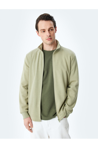 Koton Regular Fit Cotton Blend Raster Long Sleeve Basic Zip-Up Sweatshirt