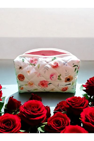 nartella Elittle Floral Patterned Quilted Makeup Bag – Large Size Cosmetic Organizer |