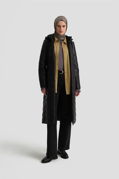 Armine Μακρύ μαύρο καπιτονέ παλτό - Κουκούλα, 24kd7523