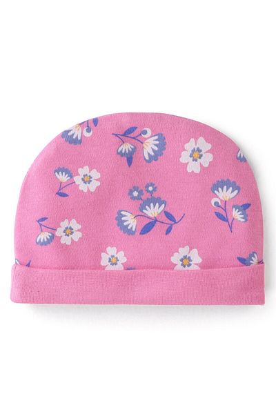 Babyhug 100% Cotton Knit Floral Printed Cap Mittens & Booties - Pink