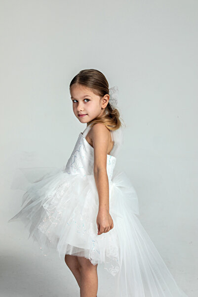 modabesta Beyaz Yıldız Desenli Kız Çocuk Abiye ve Parti Elbisesi