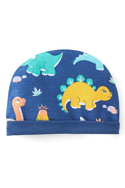 Babyhug 100% Cotton Knit Cap Mittens and Booties Dino Print - Navy Blue