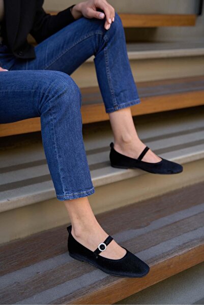 Madamra Black Velvet Women's Blunt Toe Single Strap Ballerinas