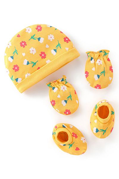 Babyhug 100% Cotton Cap Mittens & Booties With Floral Print - Yellow