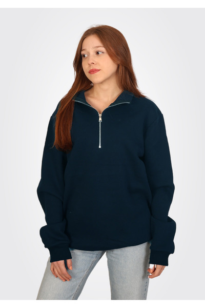 Chicheva Women's Navy Blue Turtleneck 3 Thread Fleece Inside Ribbed Oversize Sweatshirt