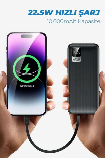 woyax Dahili Type-c Iphone Kablolu 10000mah Powerbank 22.5w Hızlı Dijital Göstergeli Taşınabilir Batarya