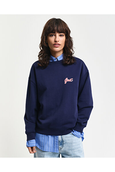 Gant Kadın Lacivert Loose Fit Bisiklet Yaka Logolu Sweatshirt