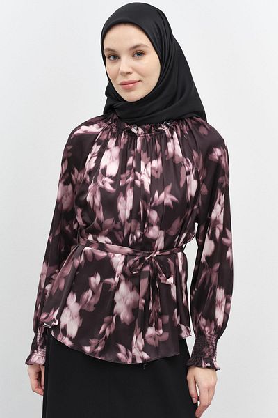 Tuğba Rubber Drawstring Detailed Patterned Blouse - Powder
