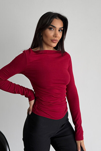 Bipantolon Γυναικεία μπλούζα από βαμβακερό μπορντό μαλακό ελαστικό φαρδύ γιακά με λεπτομέρεια κουφέτα