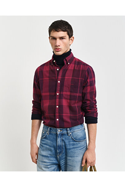 Gant Erkek Bordo Regular Fit Düğmeli Yaka Kareli Gömlek