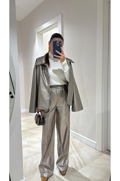 GAMZE ALPTEKİN Palazzo Pants and Leather Jacket Set - Wool Lining and Raster