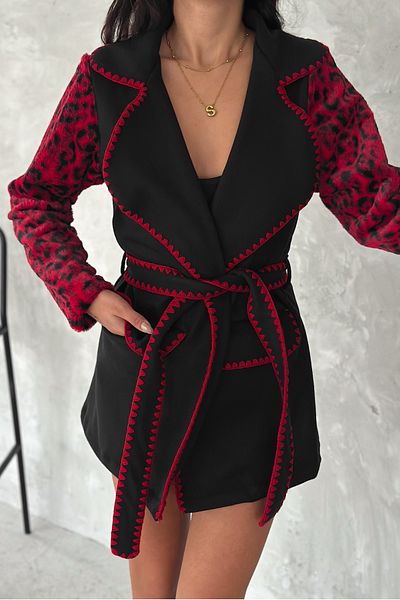 FEMELLE Palton de damă bordeaux cu imprimeu leopard, cu mâneci, cu centură de blană, broderie