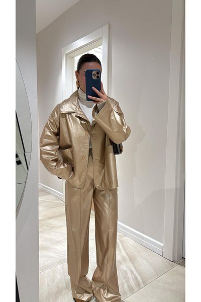 GAMZE ALPTEKİN Palazzo Pants and Leather Jacket Set - Wool Lining and Raster