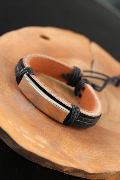 Skygo Black Leather Men's Bracelet - With Steel Accessory