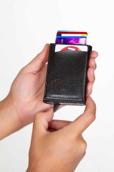 Newish Unisex Black Faux Leather Aluminum Mechanism Slide Card Holder Wallet (7X10 cm)