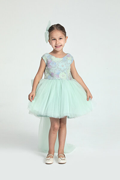 modabesta Su Yeşili 3 Boyutlu İncili Kız Çocuk Kısa Abiye ve Parti Elbisesi