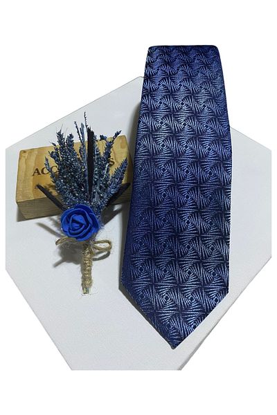 BG TASARIM Blue Patterned Tie Pocket Handkerchief and Collar Flower Set