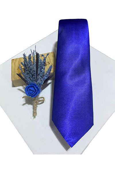 BG TASARIM Blue Satin Tie Pocket Handkerchief and Boutonniere Set