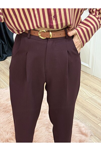 Flow Mürdüm Renk Arka Cep Detaylı Kemerli Pantolon