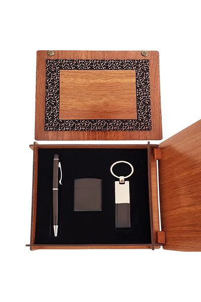 ÇERÇİCİ Black Pen Keychain and Matte Lighter with Wooden Box