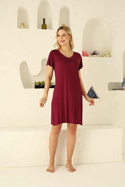 MEBA Women's Lapel Lace Short Sleeve Plus Size Burgundy Combed Nightgown