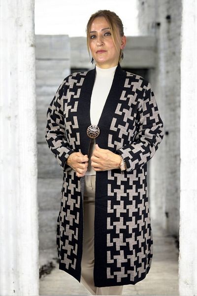 yagmurberen Geometric Patterned Broch Detailed Long Sleeve Shal Collar Large Size Knitting Cardigan